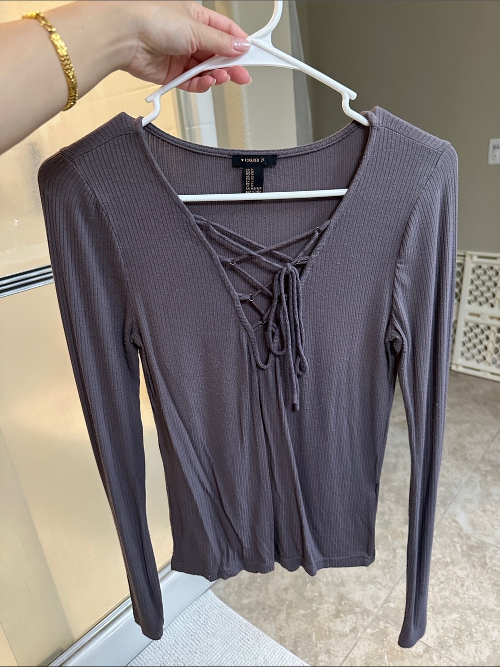 Forever 21 Lace-Up Ribbed Long Sleeve Top - Charcoal